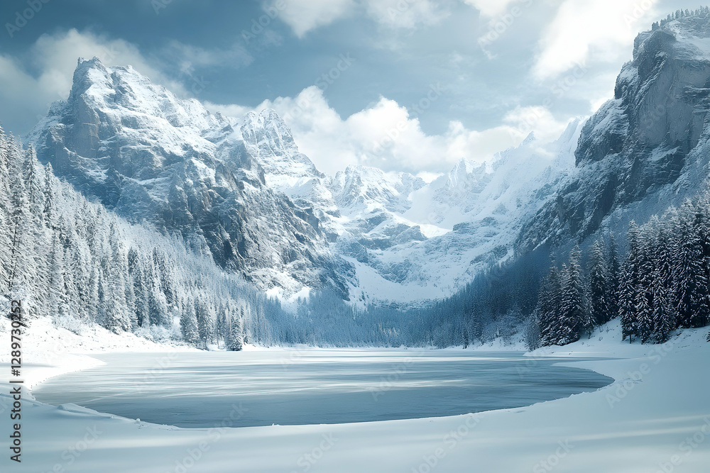 Snow-covered mountains towering over a frozen lake in a breathtaking winter scene Snow-covered mountains towering over a frozen lake in a breathtaking winter scene