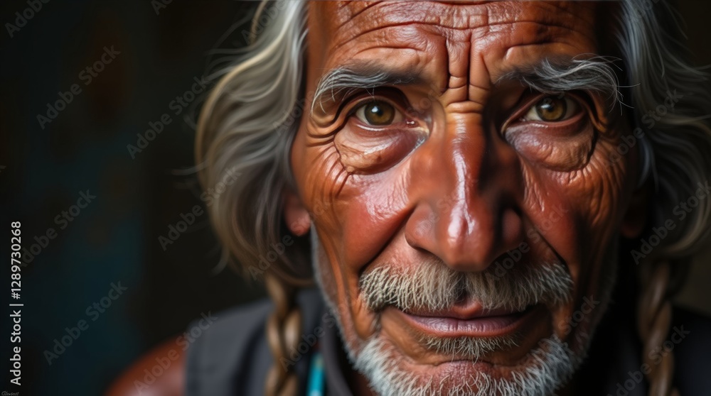 Portrait of an old Native American man with a peaceful, experienced look Portrait of an old Native American man with a peaceful, experienced look