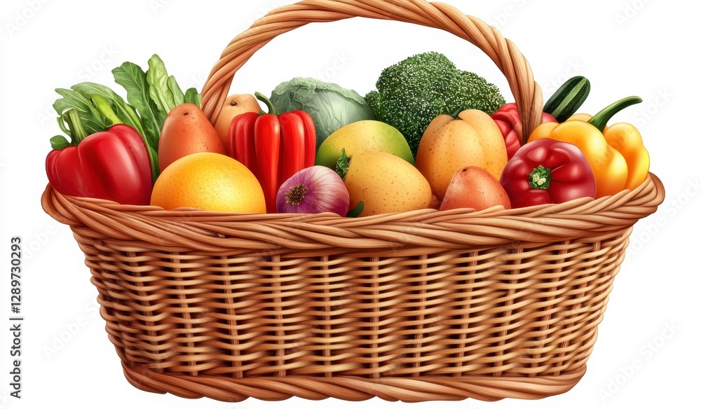 Full Wicker Basket of Colorful Fresh Fruits and Vegetables Full Wicker Basket of Colorful Fresh Fruits and Vegetables