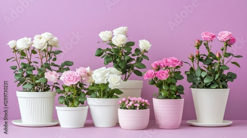 Wallpaper Mural Pink and white roses in decorative pots on a light purple background Torontodigital.ca