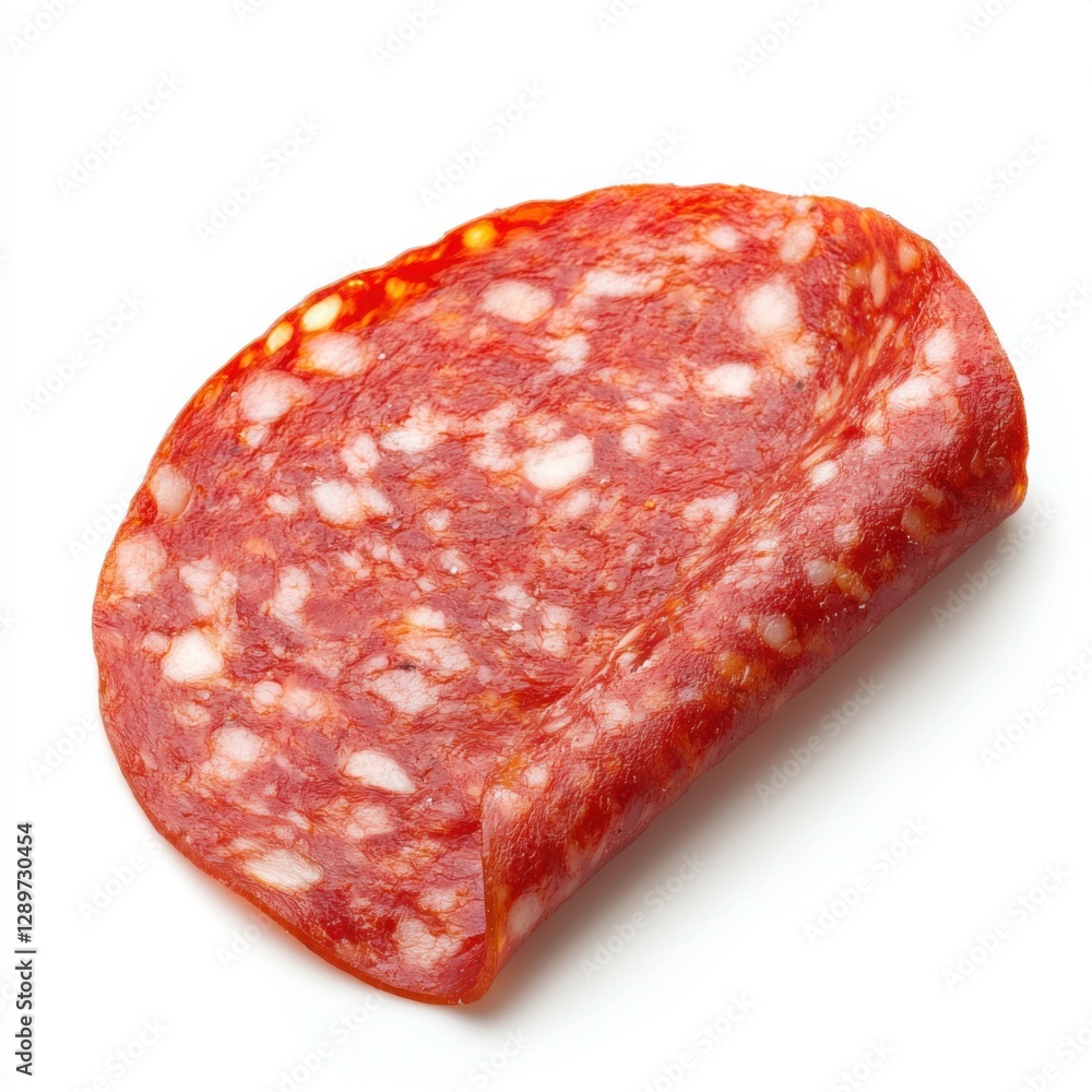 Close-up of delicious pepperoni slice on white background Close-up of delicious pepperoni slice on white background
