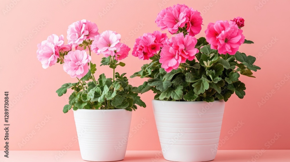 Pink geranium flowers in white pots on a muted peach-colored background Pink geranium flowers in white pots on a muted peach-colored background