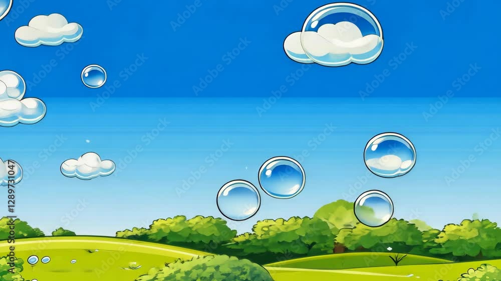 Bubbles floating above a lush green landscape under a clear blue sky during a sunny day Bubbles floating above a lush green landscape under a clear blue sky during a sunny day