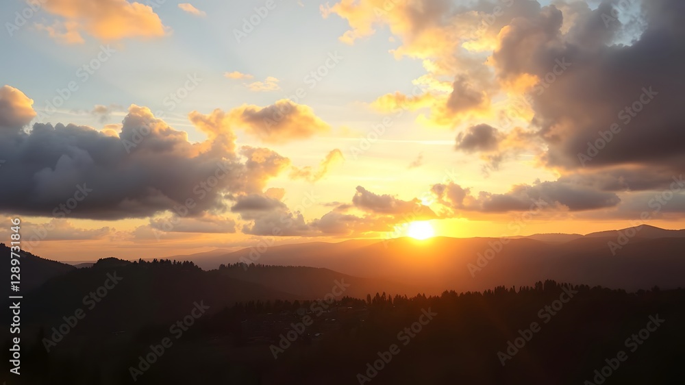 Sunset Over a Village in the Mountains with Warm Light and Cloudy Skies Sunset Over a Village in the Mountains with Warm Light and Cloudy Skies