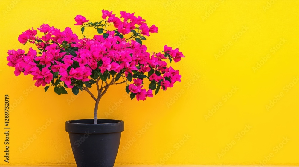 Potted pink bougainvillea flowers on a vivid yellow background Potted pink bougainvillea flowers on a vivid yellow background