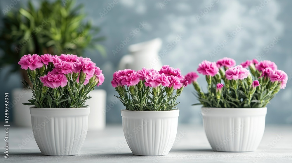 Potted pink carnations in elegant containers with a light blue background Potted pink carnations in elegant containers with a light blue background
