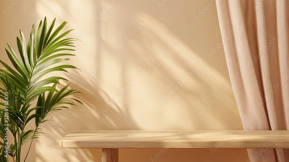 The beautiful room features a wooden table and tropical plants The beautiful room features a wooden table and tropical plants