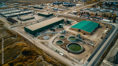 A high-tech bioenergy facility utilizing anaerobic digestion to convert organic waste into methane gas, demonstrating a sustainable energy solution