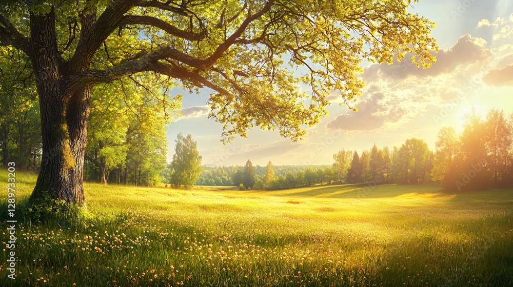 Majestic Oak Tree in a Sunlit Meadow at Sunset Majestic Oak Tree in a Sunlit Meadow at Sunset