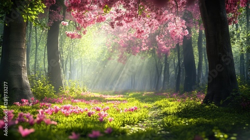 Serene Spring Scene with Blossoming Trees and Sunlight in a Lush Green Forest Setting