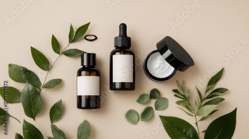 Premium skincare and beauty collection featuring serums and face masks on a neutral beige background