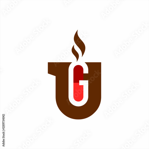 Logo design of a glass of hot coffee with capsule medicine.
