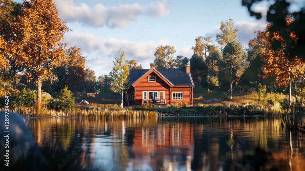 Red house reflecting in calm autumn lake. Red house reflecting in calm autumn lake.
