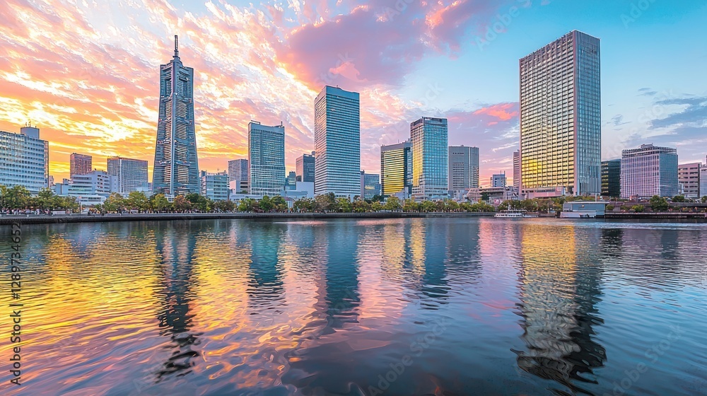 Fototapeta premium Vibrant sunset cityscape reflected in calm water.