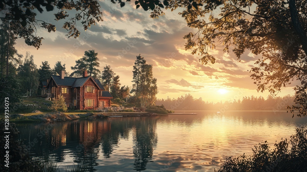 Naklejka premium Sunset over lake house, trees framing scene.