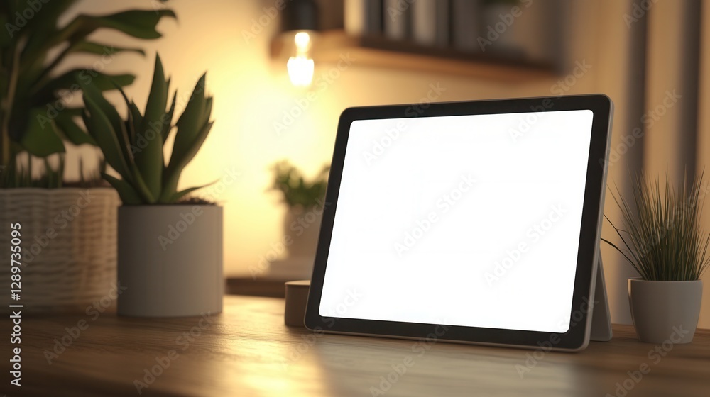 Fototapeta premium Modern Tablet Positioned on a Wooden Table Surrounded by Indoor Plants in a Warm, Cozy Environment