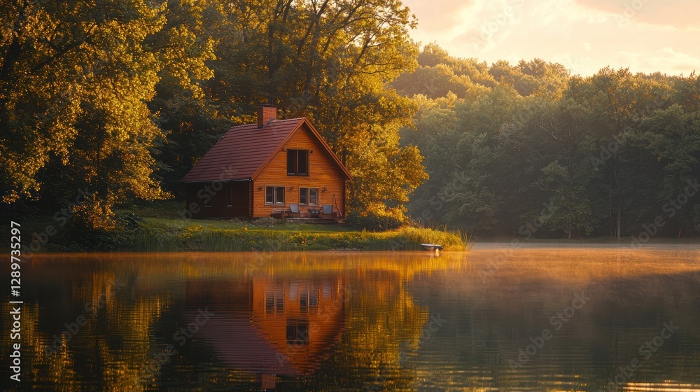Obraz premium Sunrise over lake cabin reflection.