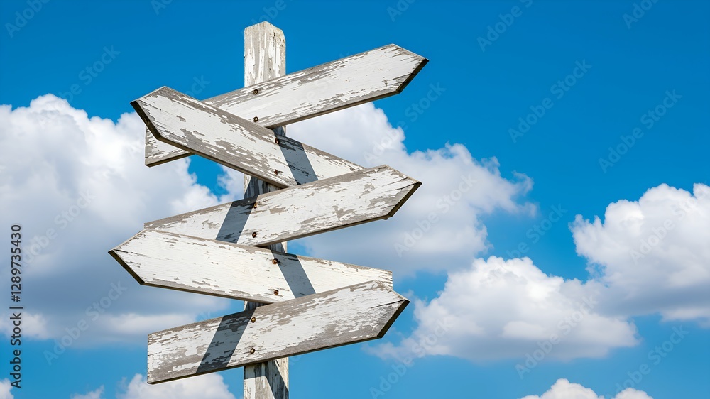 Multiple weathered blank wooden road signs pointing in various directions, set against a sunny sky with scattered clouds, symbolizing choices and possibilities. Multiple weathered blank wooden road signs pointing in various directions, set against a sunny sky with scattered clouds, symbolizing choices and possibilities.