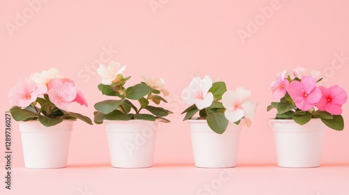 Wallpaper Mural Small pink flower pots arranged on a soft coral background Torontodigital.ca