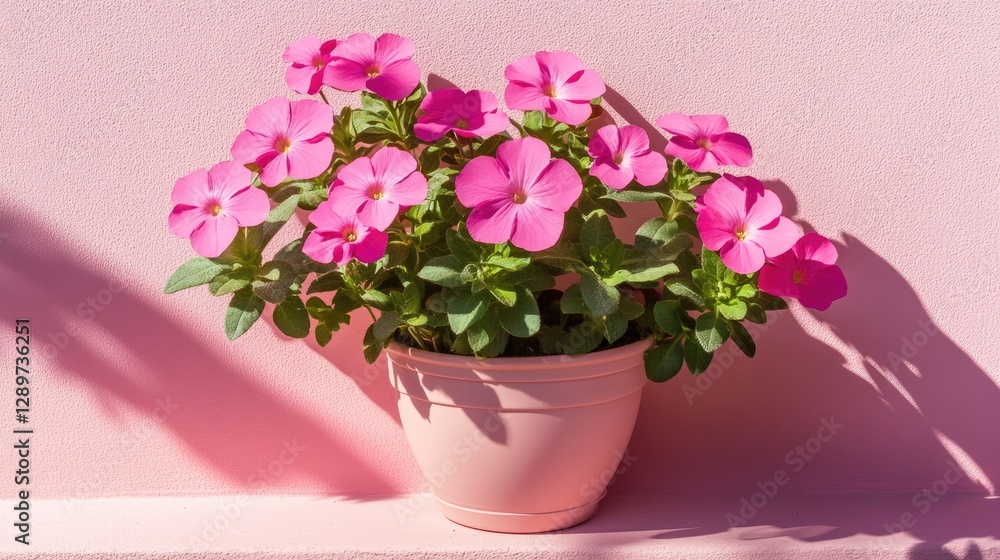 Small potted pink flowers with green leaves on a gradient pink background Small potted pink flowers with green leaves on a gradient pink background