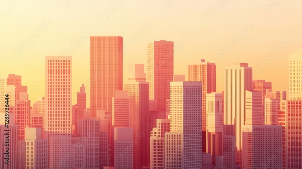 Urban Skyline at Sunrise with Soft Pink and Orange Hues Reflecting Off Modern Tall Buildings Urban Skyline at Sunrise with Soft Pink and Orange Hues Reflecting Off Modern Tall Buildings