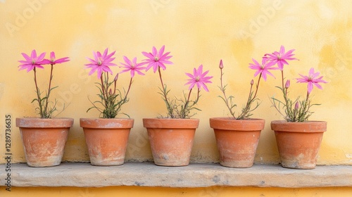 Wallpaper Mural Soft pink flowers in clay pots on a pale yellow background Torontodigital.ca