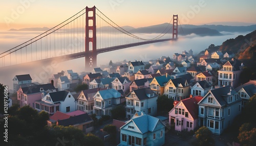 Stunning sunrise over Golden Gate Bridge and colorful Victorian houses in fog.