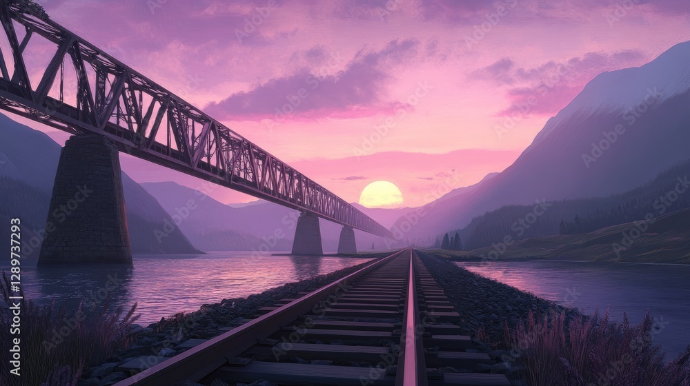 Obraz premium Steel railway bridge with a pastel lavender sunrise behind it