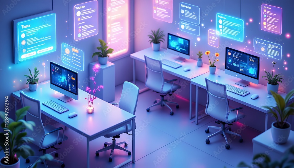 Fototapeta premium Modern office workspace featuring glowing interfaces and vibrant plants.