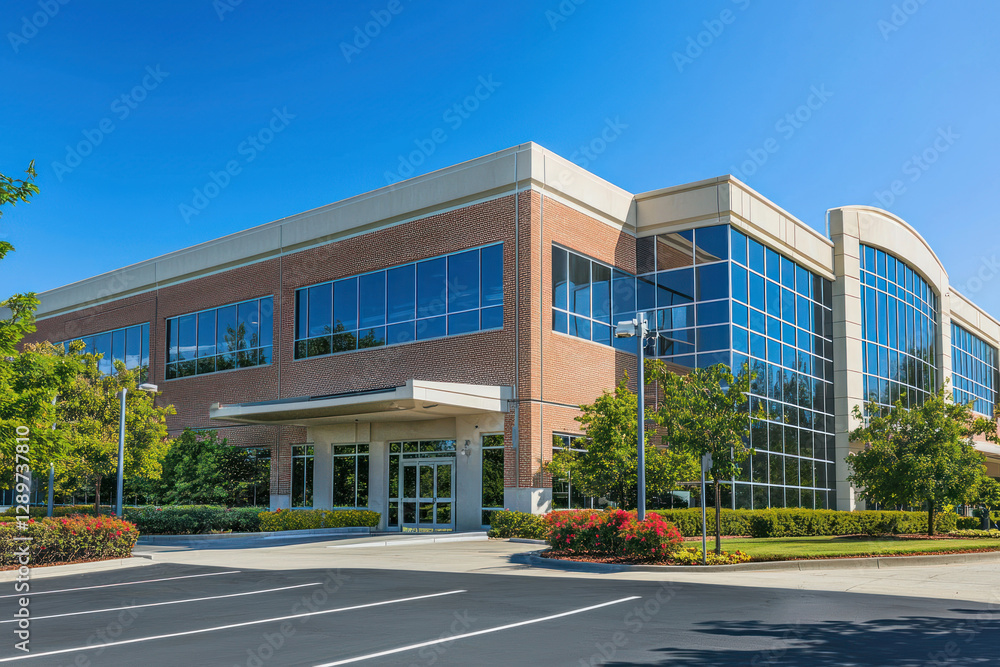 A Modern office building with large windows and landscaped surroundings A Modern office building with large windows and landscaped surroundings