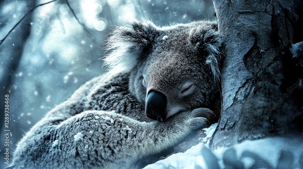 Naklejka premium Koala sleeping in snow.