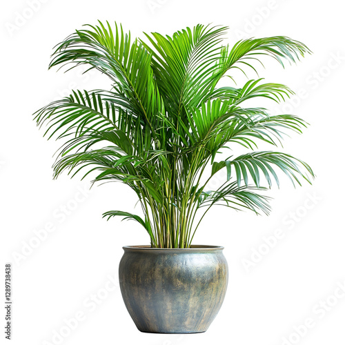 A Tropical Palm Plant with Large Fronds in a Decorative Pot Isolated on Transparent Background