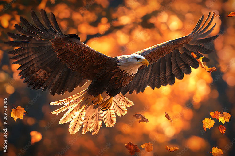 Fototapeta premium A majestic eagle soars through an autumn landscape filled with falling leaves.