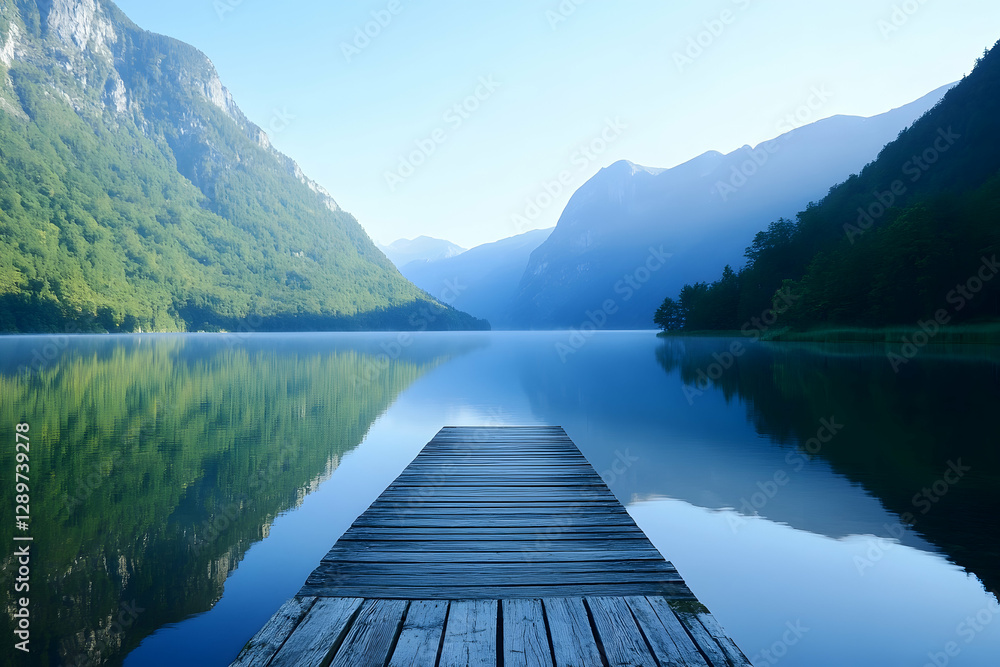 Tranquil mountain lake with a wooden dock extending into the still waters Tranquil mountain lake with a wooden dock extending into the still waters