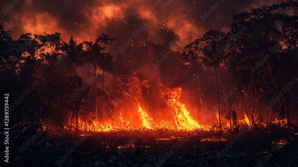 Fiery inferno consuming a tropical forest at night. Fiery inferno consuming a tropical forest at night.