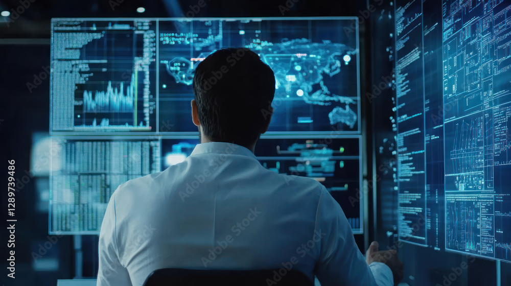 A Healthcare manager analyzing data on multiple screens for workflow improvement A Healthcare manager analyzing data on multiple screens for workflow improvement