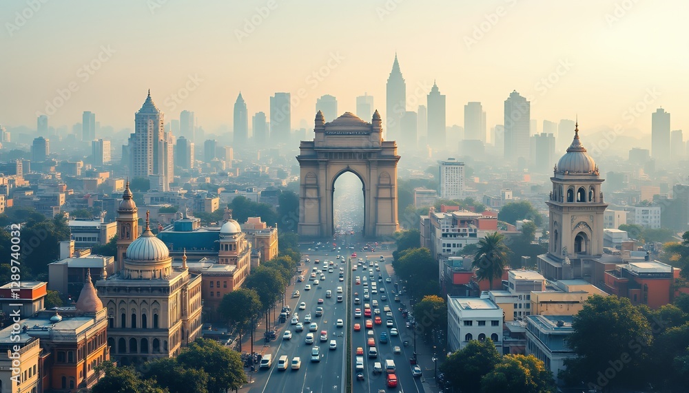 Fototapeta premium Aerial view of the India Gate surrounded by city skyline at sunrise.