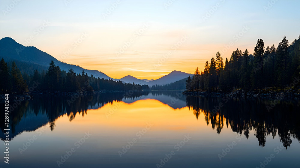 Fototapeta premium Serene Sunset Over Still Lake with Mountain Reflections