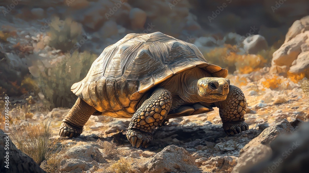 Fototapeta premium Giant tortoise walking on rocky terrain.