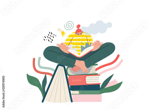 Life Unframed: Book universe -modern flat vector concept illustration of a reader on stack of books. Metaphor of unpredictability, imagination, whimsy, cycle of existence, play, growth and discovery
