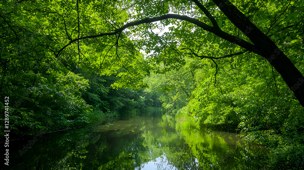 Sunlit Green Forest River Landscape Sunlit Green Forest River Landscape