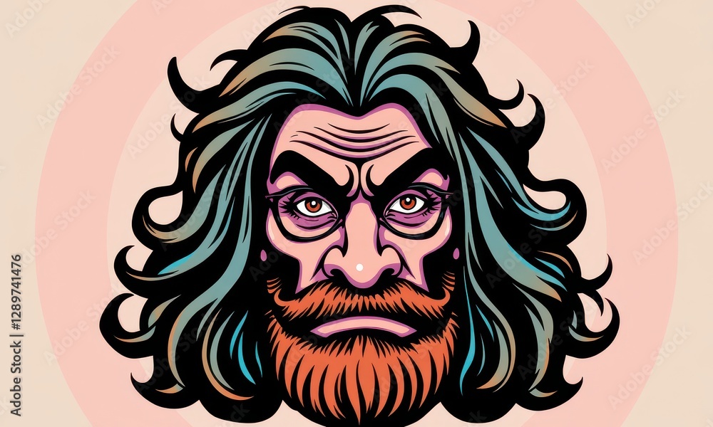 Obraz premium Intricately Designed Graphic Illustration Featuring a Stylized Human Face with Long Flowing Hair and Facial Hair Set Against a Subdued Background