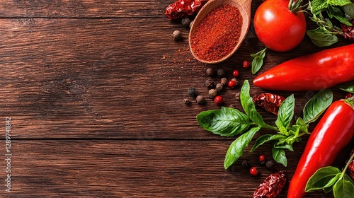 Red chili peppers, herbs, spices on wooden table.  Top view. Food preparation photo