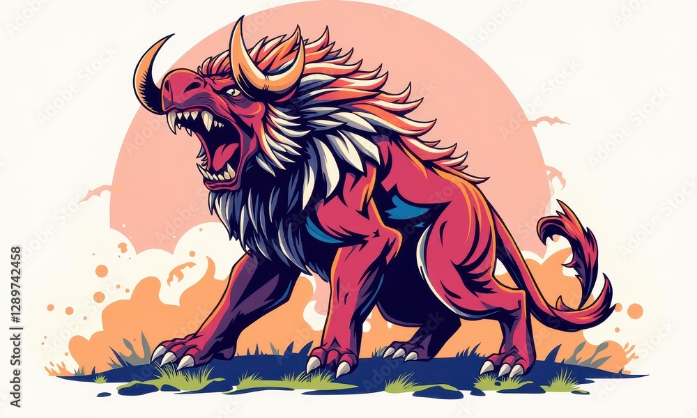 Fototapeta premium Vibrant fantasy creature illustration with red hues and fierce features against a glowing backdrop capturing mythical and artistic design elements.