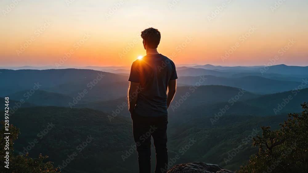 Man standing on a rocky outcrop, gazing at the sunset over rolling mountains in the distance Man standing on a rocky outcrop, gazing at the sunset over rolling mountains in the distance