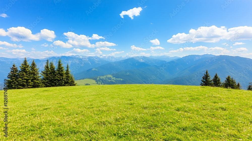 Fototapeta premium Mountain Meadow Landscape with Green Grass and Blue Sky