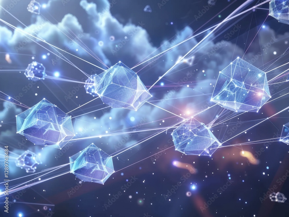 Cloud-native architecture visualization Kubernetes clusters as floating geometric shapes connected by energy streams watermark. Cloud-native architecture visualization Kubernetes clusters as floating geometric shapes connected by energy streams watermark.