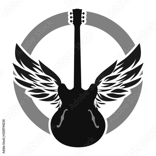 Black guitar silhouette with wings in a gray circle, perfect for musicthemed designs, logos, posters, or merchandise for rock bands.