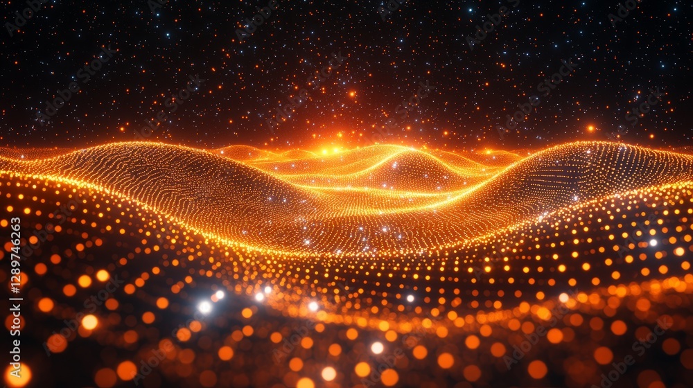 A digital rendering of glowing particles forming a landscape A digital rendering of glowing particles forming a landscape