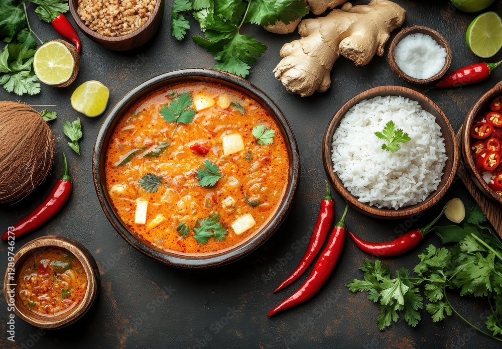 Vibrant Bowl of Thai Red Curry with Fresh Herbs, Rice, Lime, and Spices on Rustic Table for Culinary Inspiration and Food Photography Vibrant Bowl of Thai Red Curry with Fresh Herbs, Rice, Lime, and Spices on Rustic Table for Culinary Inspiration and Food Photography